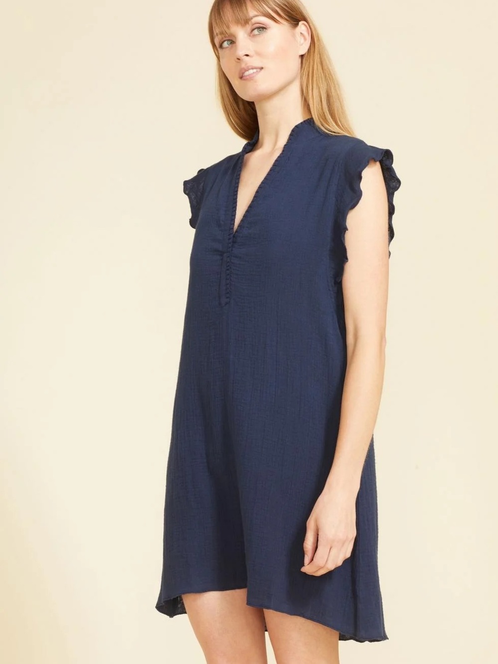 Sitano Navy Ruffle Sleeve Mini Dress 100% Cotton
